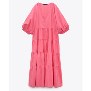 ZARA Tiered Poplin Pink Dress Voluminous New